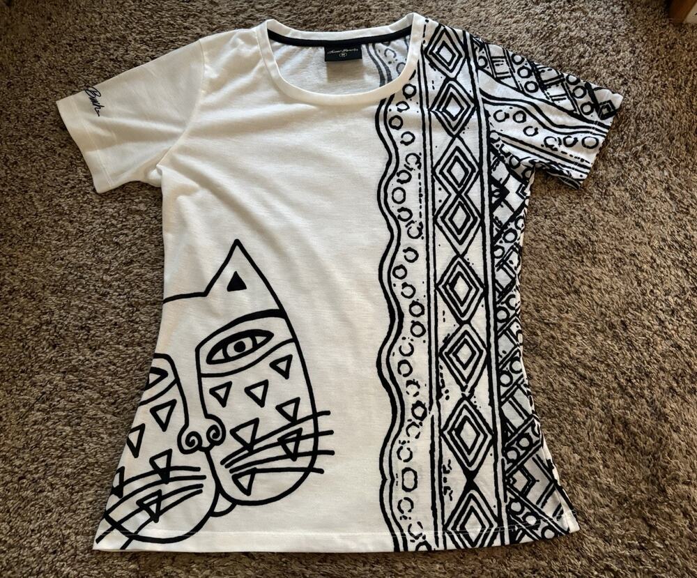 LAUREL BURCH T-Shirt Tee Top BLACK & WHITE CAT Kitten Art Women Clothing M